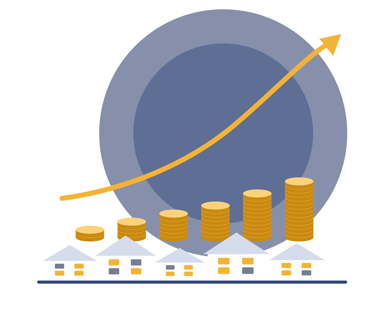Illustration of houses, growing coin stacks and an upward arrow